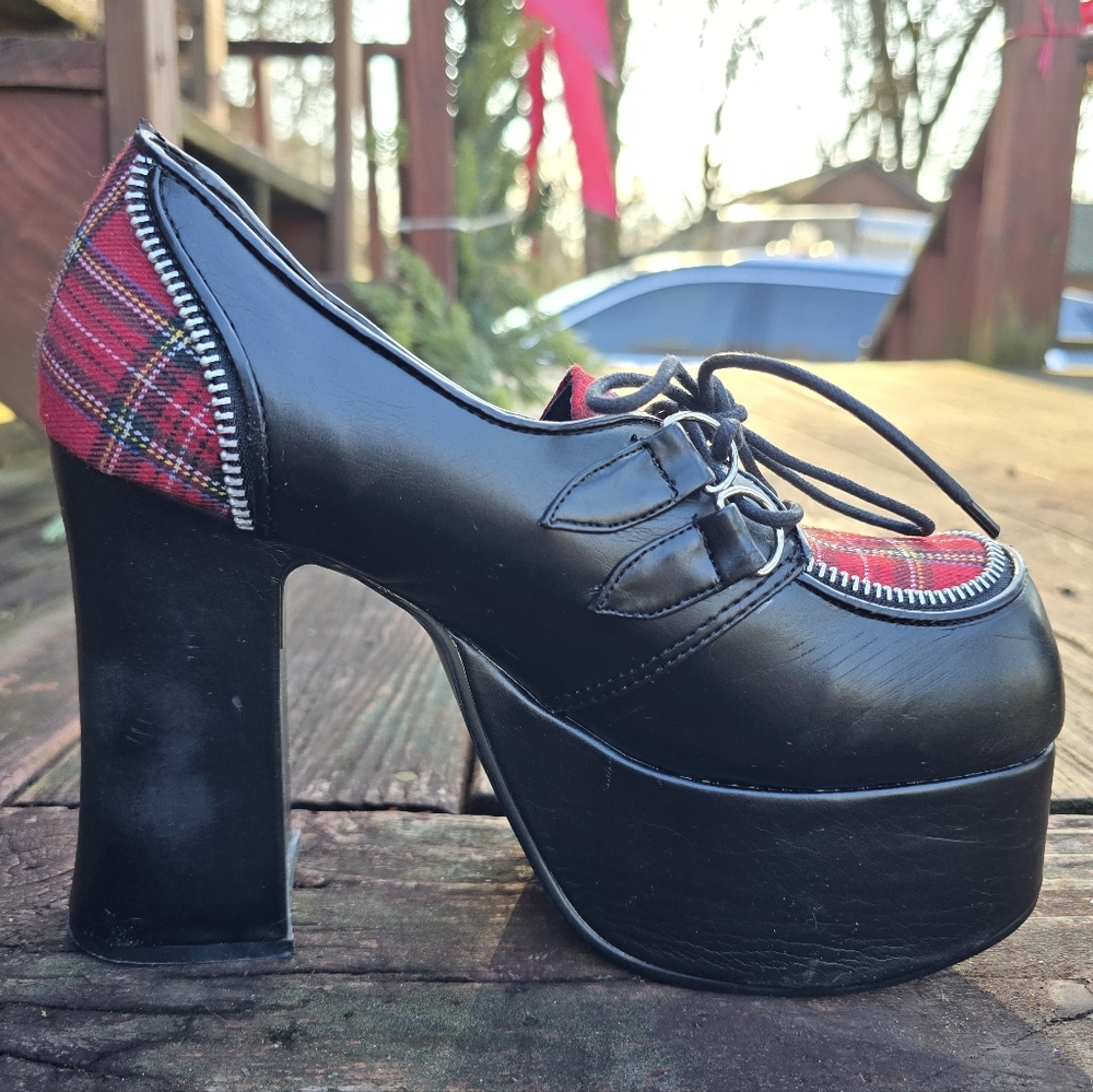 Demonia Womens Charade-12, Platform Pumps, Black, Red Plaid, Goth Emo Punk Sz 8 - Picture 11 of 14